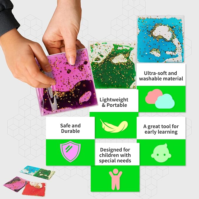 LONGKING 4-Pack 6"x 6" Liquid Tiles for Kids, Soft Gel Liquid Sensory Toys for Autistic Children, Sensory Mats, Sensory Toys for Toddlers 3-4 | Sensory floor tiles, soft liquid gel, 6"x6", color movement play mat, playroom classroom daycare, 4-pack