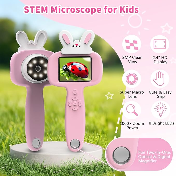 BLACKROOT Microscope for Kids, 2.4" Handheld Digital Pocket Microscope | STEM Educational Science Toys for Easter, Birthday Gifts for 5 6 7 8 9 10 11 12 Year Old Boys Girls, Pink