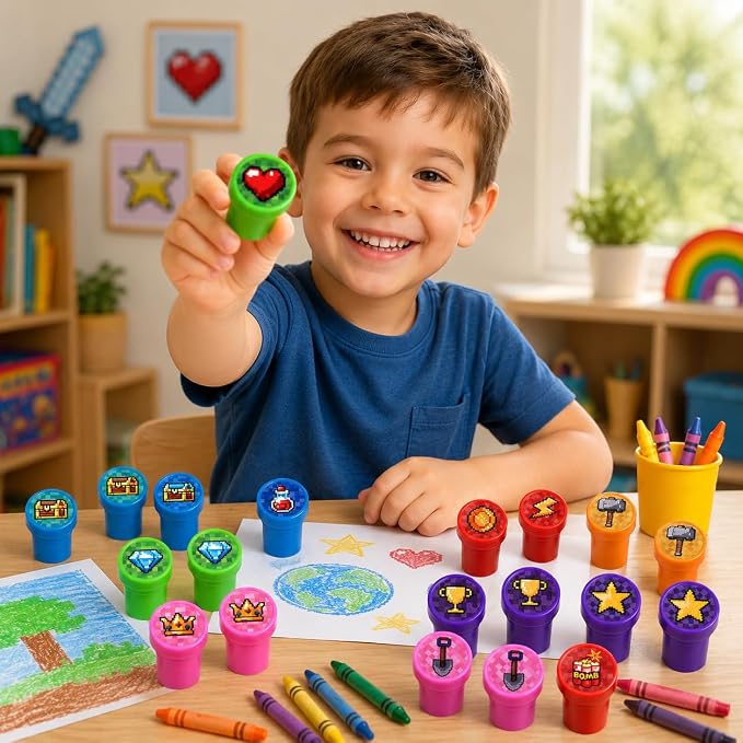 Cinrobiye 24 Pcs Pixel Stampers Party Favor Set, Cute Pixel Art Stamps for Kids Birthday Party, Classroom Rewards, Gaming Themed Party Supplies, Goody Bag Fillers, Retro Pixel Toys