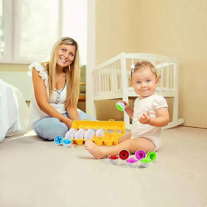 MAGIFIRE Toy Eggs for Toddlers 1-3 - 12 Matching Plastic Eggs, Assorted Colors and Shapes - Fun Gift for Toddlers - Montessori Matching and Sorting Set - STEM Educational Toy