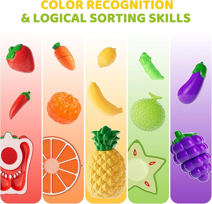 Color Sorting Play Food Set with Cutting Fruits&Felt Tree Mat | Pretend Food Play Kitchen Accessories,Food Playset, Preschool Learning Toys for Kids Ages 3 4 5 6 Boys Girls Gift