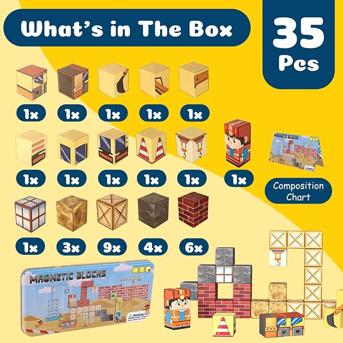 OAR 35PCS Magnetic Blocks for Toddler Ages 3-8 STEM Construction Travel Toy | 35 Strong Magnetic Cubes In An Iron Box Grow Fine Motor Skills, Problem-Solving And Focus; Screen-Free STEM Fun For Travel