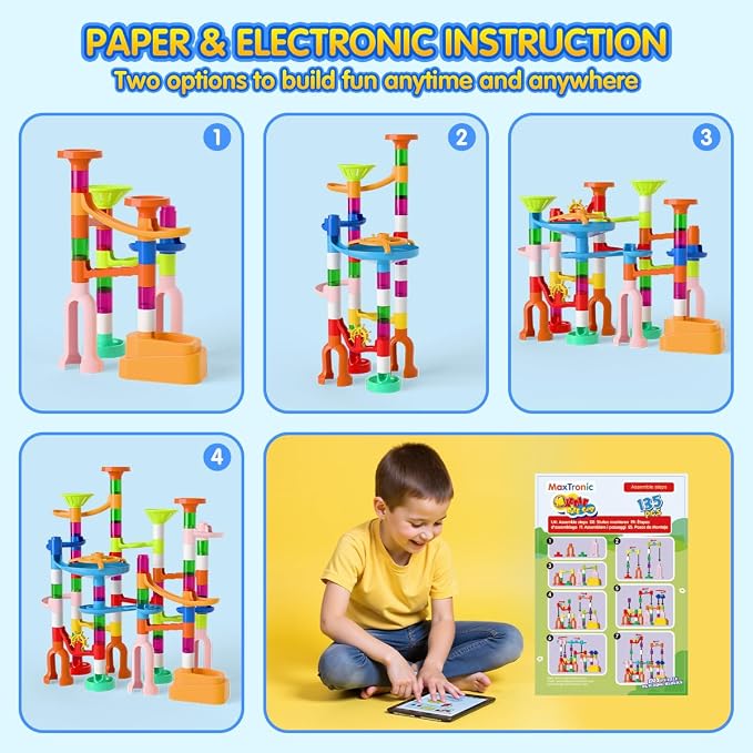 MaxTronic Marble Run for Kids,135 PCS Marble Maze Track Set - Educational Building Block Toys Set for Boys Girls STEM Learning (75 Blocks + 60 Marbles)
