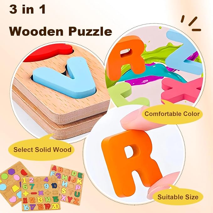 Wooden Puzzles for Toddlers 3-5, Boys & Girls, Montessori Toddler | 3 in 1 Wooden Puzzle, Alphanumeric Graphics Cognitive, for toddlers 3-5 make, natural wood, gift for a birthday
