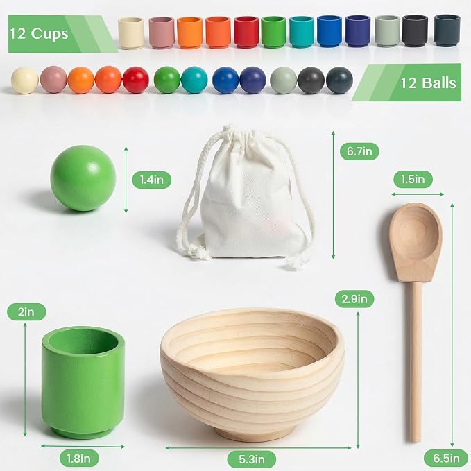 Rainbow Balls in Cups Toddler Montessori Toys for 3 Year Old Up | Kids Preschool Wooden Matching Games for Learning Color Sorting and Counting