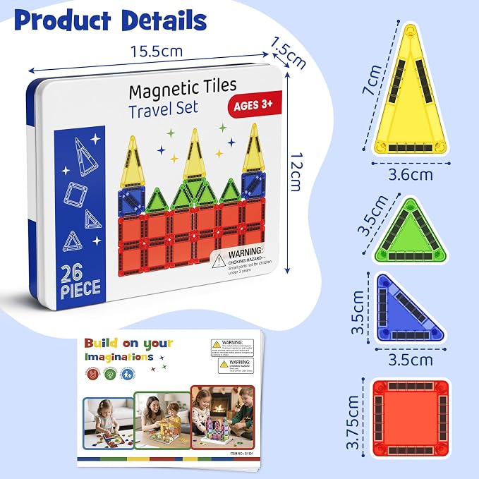 Mini Magnetic Tiles Travel Set 60 Mins Quiet Play 30s Cleanup | 26PCS Compact Magnetic Building Blocks for Kids Ages 3-8-Road Trip Essentials