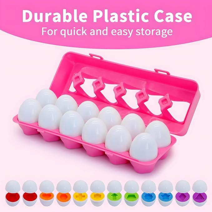 MOONTOY Montessori Matching Egg, 12PCS Color & Shape Recognition Toy for Toddler 2-3, Educational Learning Eggs Toy with Pink Storage Case, Easter Eggs Basket Stuffers Gift for 18M+ Year Old Girl Kid