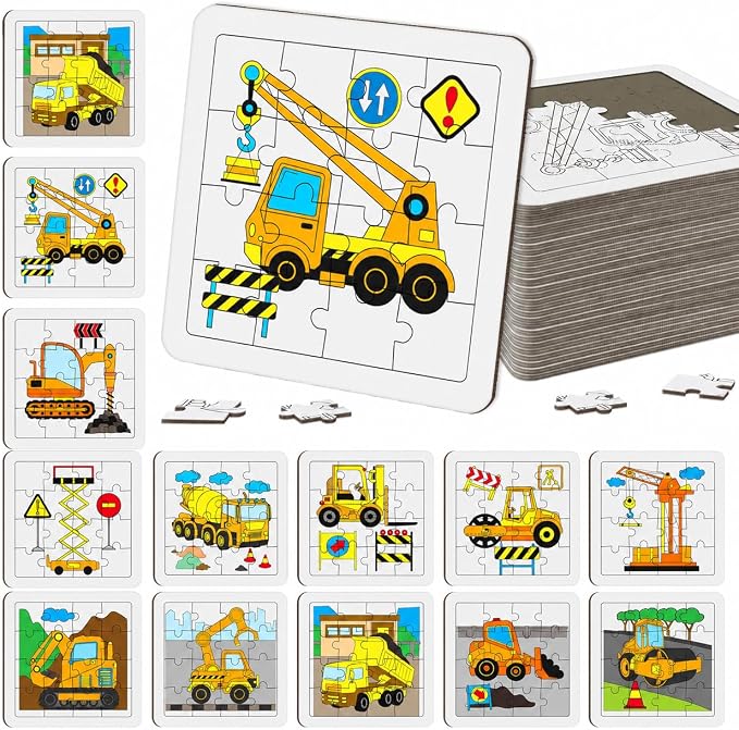 Cinrobiye 24 Pcs Construction Coloring Jigsaw Craft Kit for Kids, DIY Engineering Vehicle Activity Set Bulk with 12 Designs, Excavator Birthday Party Favors, Classroom Art Projects