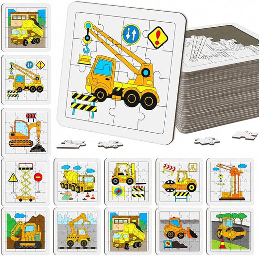 Cinrobiye 24 Pcs Construction Coloring Jigsaw Craft Kit for Kids, DIY Engineering Vehicle Activity Set Bulk with 12 Designs, Excavator Birthday Party Favors, Classroom Art Projects