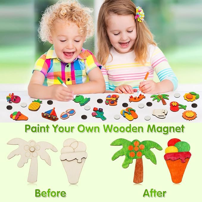 Worgree Summer Crafts for Kids, 36pcs DIY Wooden Magnets Art Craft Supplies | Painting Kit for Boys Girls Ages 4-8 8-12 Birthday Party Gifts Summer Activities School Classroom Prizes