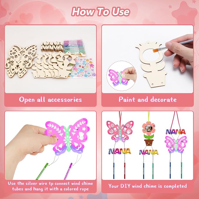 Fennoral 12 Pack Wind Chime Craft Kit for Grandma Make You Own for Nana from Granddaughter Grandson Grandchildren Grandkids Wooden DIY Coloring Mothers Day Art and Craft for Kids