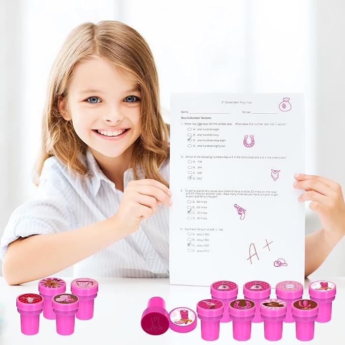 Cinrobiye 24 Pcs Pink Western Cowgirl Stampers Party Favor Set, Cute Cowboy Cowgirl Stamps for Kids Birthday Party, Classroom Rewards, Carnival Prizes, Goody Bag Fillers, Western Rodeo Party Supplies