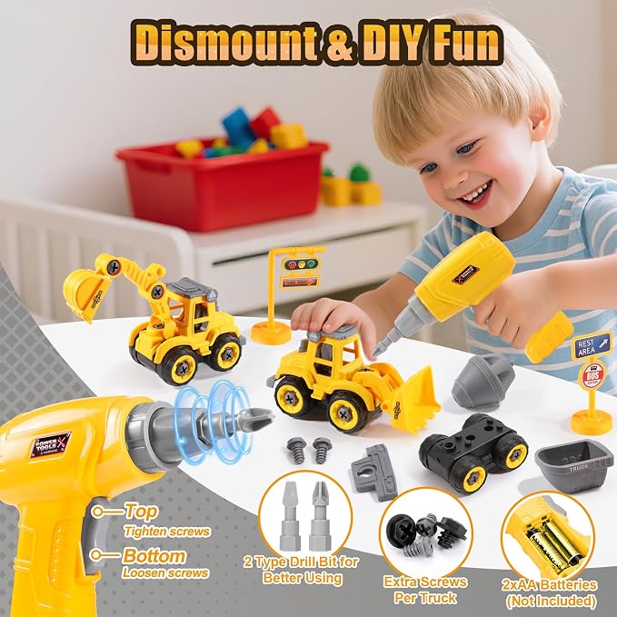 LUDILO 4PCS Take Apart Construction Toys for 3 Year Old Boy Birthday Gift | Stem Learning Building Toy/Assembly Electric Drill/Mini Sandbox Beach Toy/Toddler Kids Toys Boys 3-5 Year Old Bday Xmas Gift