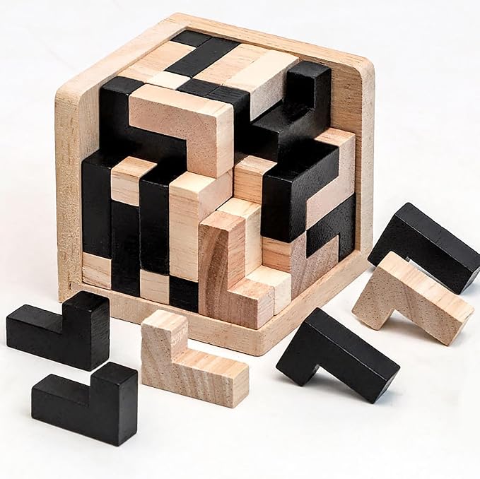 Wooden Brain Teaser Puzzle Cube Wooden Puzzles T-shaped Jigsaw Logic Puzzle Educational Toy for Kids and Adults by AHYUAN (L Shape Black and Natural)