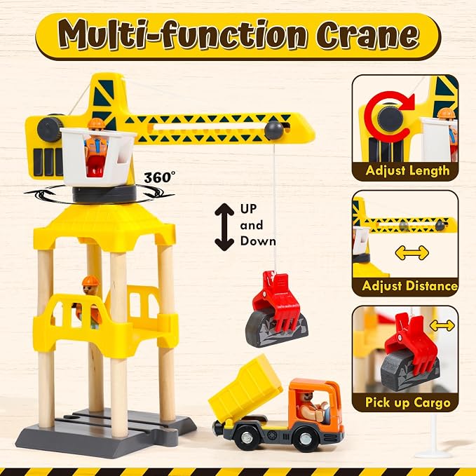 Lehoo Castle Wooden Train Set, Construction Toys for 3 Year Old Boys | Wooden Train Track Set for Kids w/Crane, Toy Train Railway Playset for Toddler Boy Birthday Gift
