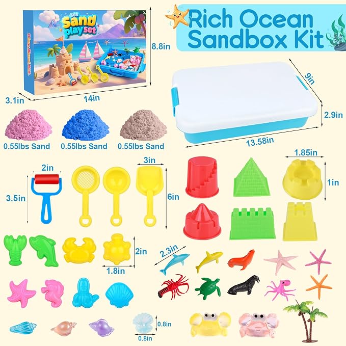 Mikiwon Ocean Sensory Bin, Sandbox Play Sand Art Kit with 1.65lbs Play Sand, Sea Animal Toys Molds, Sensory Play for Girls Boys Age 3 4 5 6 7 8, Beach Toys for Kids Xmas Birthday Gifts