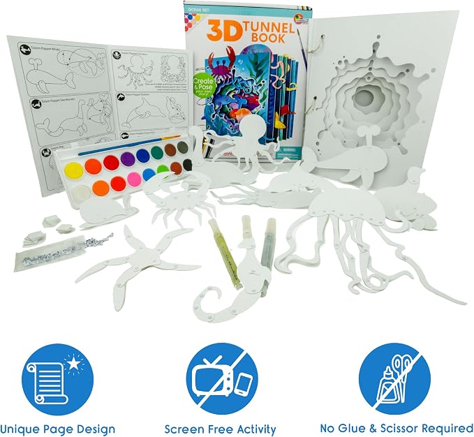 EyeConnect Crafts Ocean 3D Tunnel Book – Hands-on Stationery Craft Kit | Build, paint, create a unique pop-in book with 12 posable animals! Screen-free STEAM activity, gift. No tools/glue needed, 8+