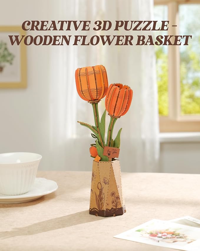 rowood Orange Tulip Wooden Flower,DIY Artifical Flower Building Set Craft Kit for Adults,Mother's Day/Valentine's Day for Mom/Women/Grandma