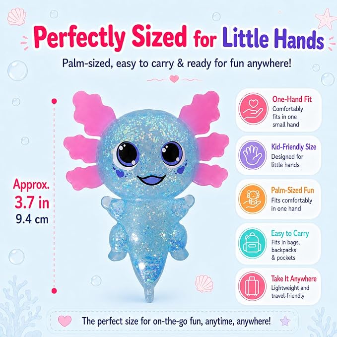 Axolotl Squishy Stress Ball, Soft TPR Slow Rising Squeeze Toy, Cute Axolotl Fidget Toy for Stress Relief, Anxiety Calming Sensory Toy for Kids Adults(Blue BigEars Axolotl)