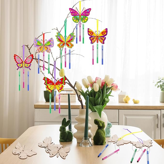 JellyArch 30 Pack Butterfly Wind Chime Kit, DIY Wooden Craft Paints | Includes Colorful Bells Tubes Stickers Brushes, Spring Butterfly Crafts Activity for Adults Birthday Party Decoration