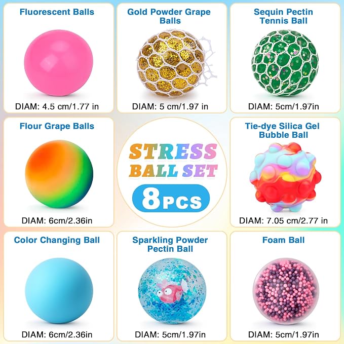 Stress Balls 8 Pack for Adults and Kids, Squeeze Squishy Fidget Toys | Sensory Toys for kids with Autism, Squishy Fidget Toys for Stress and Anxiety Relief, Prize for Classroom