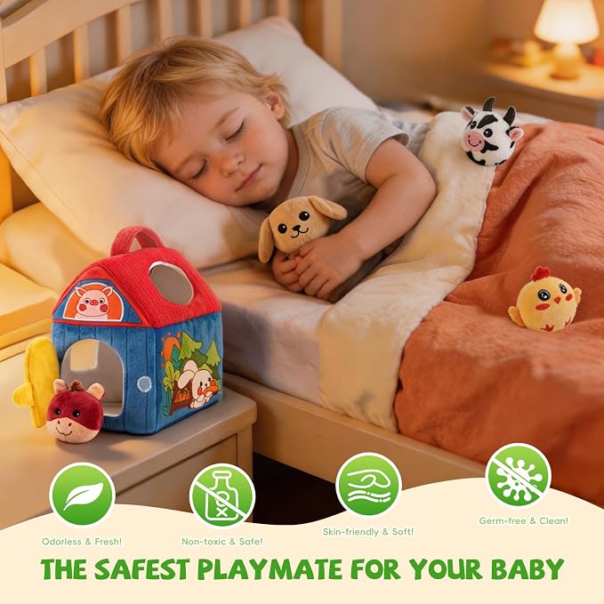SAIMAND Montessori Farm Toy for Babies, Plush Barn with 7 Soft Animal Toys | Crinkle, Squeaky, Rattle, Mirror, Portable Barn Storage, Fine Motor Play, Multi-Sensory Learning, Gift for Infants & Toddler
