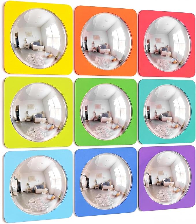 Geiserailie 9 Pcs Sensory Wall Bubble Mirrors, 6 x 6 Inch, CPC Certified | Colorful Acrylic Convex Mirrors, Sensory Room must haves, Classroom Learning Tool, Calming Corner, Preschool Daycare Activity