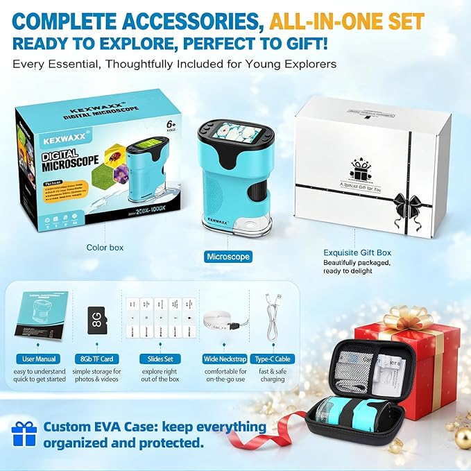 Kids Digital Handheld Microscope with Screen: Science Toy Gifts, Ages 4-12 | SD Card, Slides Kit, EVA Case, 1000X 4K Pocket Miniscope, Rechargeable Portable Discovery Kit for Boys and Girls, In/Outdoor