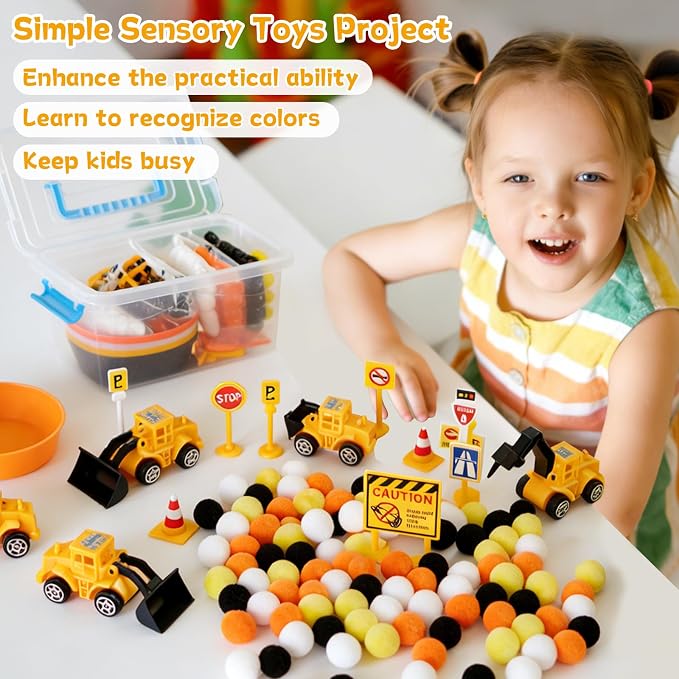 OBUSATT 200 Pcs Construction Sensory Bin Filler Toys with Storage Box - Fine Motor Counting Sorting Set Montessori Traffic Signs Pompoms Vehicles Educational Activities for Kids Toddlers Preschool
