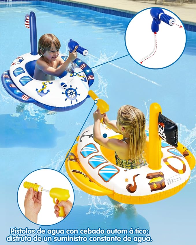 2PCS Inflatable Pool Floats Kids, Pirate Ship Pool Float with Water Gun, Pool Toys for Kids Ages 4-8, Pool Float Safety Seat Swimming Pool Games for Boys Girls