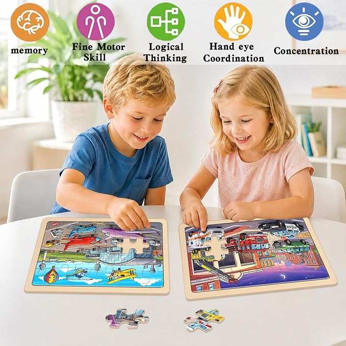 Puzzles for Kids Ages 3-5, Wooden Jigsaw Puzzles 24 Pieces 6 Pack | Vehicle Transportation Puzzle Set, Educational Learning Toys, Christmas Birthday Gifts for Boys Girls