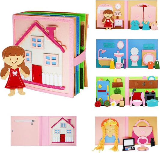 Daily Life of Girls Busy Book for Toddlers,Montessori Busy Books,Preschool Felt Busy Quiet Book Learning Life Skills,House Pretend Play Dress UP Game,Montessori Toys for 3 4 5 Years Autism Sensory