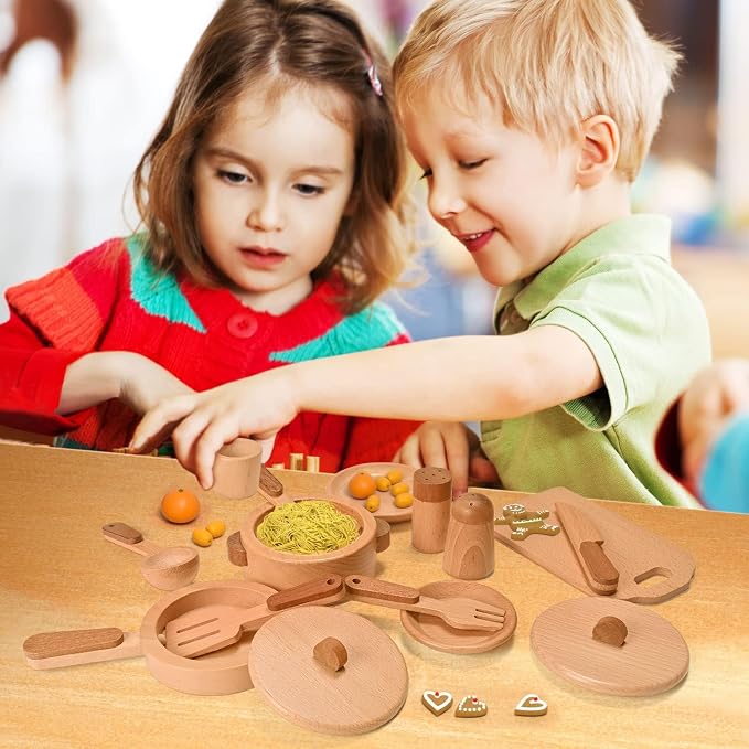 Play Kitchen Accessories Montessori Wooden Toys | Kids Kitchen Set Cookware Plates Dishes Pots Pans Cooking Playset 15pcs Sensory Toys for Toddlers Girls Boys With Storage Bag