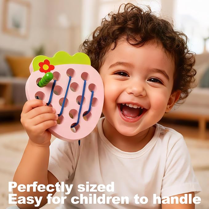Wooden Lacing Toys for Kids,Strawberry Threading Learning Fine Motor Skills,Montessori Sensory Educational Wooden Pattern Block Puzzle Travel Gift for 3 Years Old Baby Boys Girls