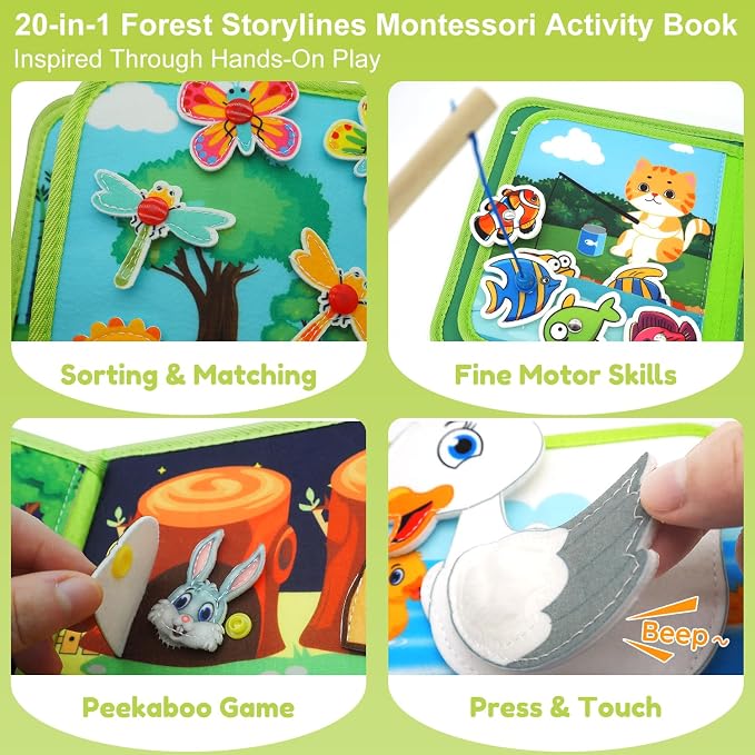 Busy Book for Toddlers 1-3, Montessori Toys Busy Board for 1 Year Old | Forest Story, Sensory, Early Learning, Baby Boys Girls Birthday Gifts, Felt Quiet Activity Books Airplane Car Travel Toy