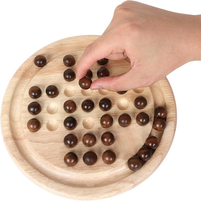 Gothink Solid Wood Solitaire Game, Classic Handcrafted 9'' Wooden Solitaire Board, 33 Smooth Wooden Balls, Single Strategic Mind Game for Kids and Adults