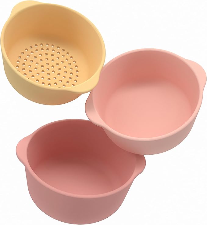 3 x Silicone Coral Nesting Bowls for Kids Plus Water and Sand Sieve | Kids Bowls Sensory Play | Messy Play and Water Play Accessories | Suitable for 10 Months Plus | Tuff Tray Accessories
