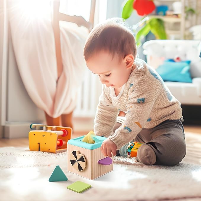 Youuys Wooden Baby Tissue Box Toy - Montessori Tissue Box Toy for Babies 12 Months with 3 Shape Blocks & 8 Silk Paper, Baby Boy Girl Gifts for Babies 12 18 Months Old Birthday Children Day