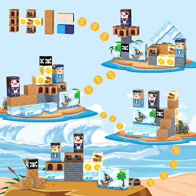 Bmag Magnetic Building Blocks Pirate-Themed Set 35 Pcs, Designed for STEM Education and Group Activity for Kids Aged 3+, Packaged with Storage Box as Gifts for Boys and Girls