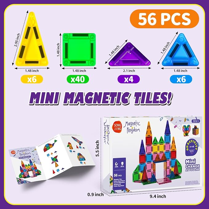 56Pcs Mini Magnet Building Blocks, STEM Educational Construction Toys for Boys Girls Age 3 4 5 6, Toddler Magnetic Tiles for Travel & Airplane Activities, Montessori Sensory Learning Toys Gift Set