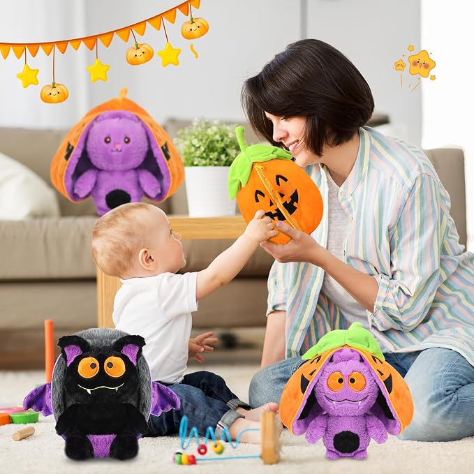 MIAODAM Halloween Pumpkin Bat Plush, Soft Reversible Stuffed for Kids