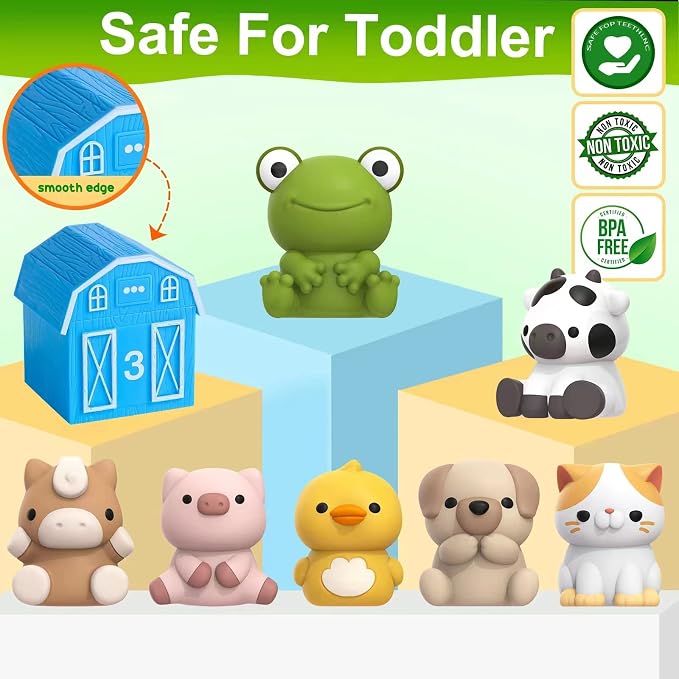 Farm Animal Toys for Toddler 1-3 Year Old, Montessori Toy Gift for Boy Girl | 10 Farm Animal Toys & 10 Barns, Counting, Matching & Sorting Educational Sensory Toys, Christmas Birthday Gift for Baby 1-3