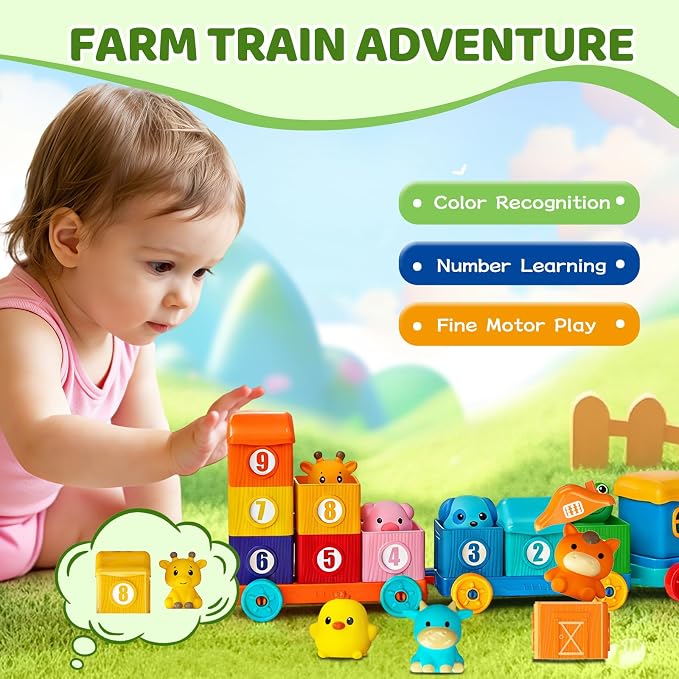 Toddler Learning Toys for 1 2 3 Year Old, Counting Matching & Sorting Montessori Train Set with 9 Farm Animals Finger Puppets, Birthday Gift for Baby Boys Girls