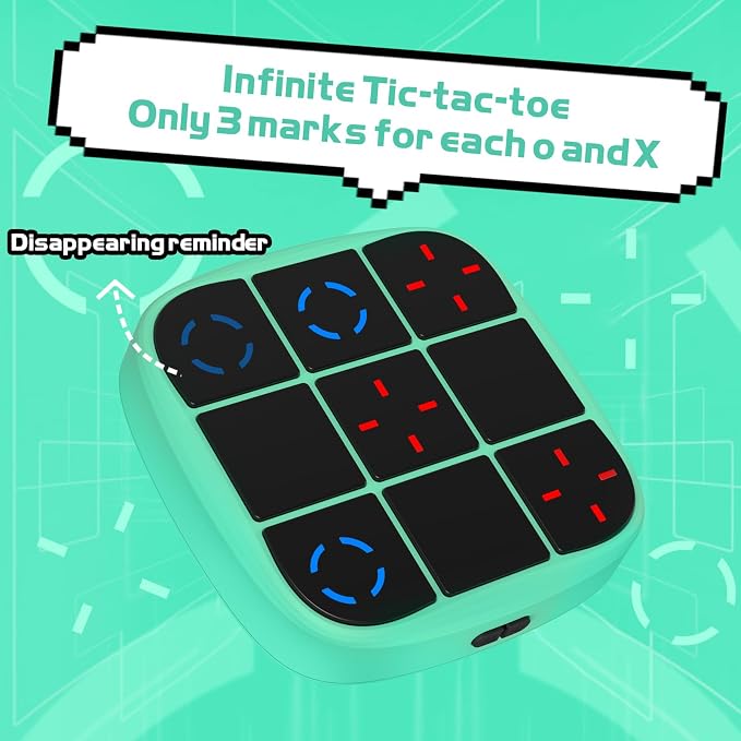 KOQQQ Rechargeable Tic-Tac-Toe Bolt Game, Upgraded 4-in-1 Handheld Puzzle Console, Electronic Educational Memory Game, Portable Travel Car Ride Board Games for Kids Adults (Cyan)