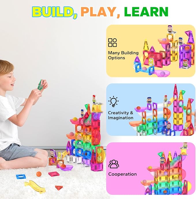 112 Pieces Mini Magnetic Tiles Building Toys for Kids Ages 4-8 Boys Girls | Zerxpho Magnetic Tiles with Rolling Balls and Cartoon Characters Imagination to Create a 3D World, STEM Learning Toys Gift