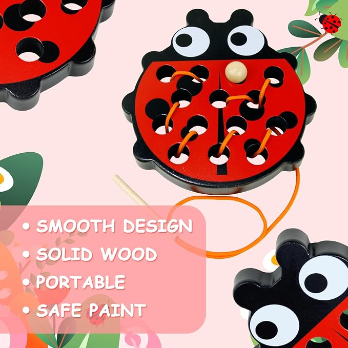 Sealive Wooden Lacing Toys for Toddlers, Fun Learning Activity | for Preschoolers, Develop Fine Motor Skills, Durable Montessori Toy for Travel (Ladybug)