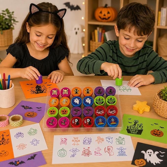 Cinrobiye 24 Pcs Halloween Stampers Party Favor Set, Cute Trick or Treat Stamps for Kids Halloween Party, Classroom Rewards, Halloween Goody Bag Fillers, Spooky Party Supplies