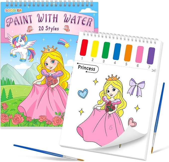 SOCOLER Paint with Water Coloring Books for Toddlers, Princess Theme Mess Free Watercolor Painting Papers for Kids Water Color Paint Kit Art Craft Birthday Gift for Ages 1-3, 4-8