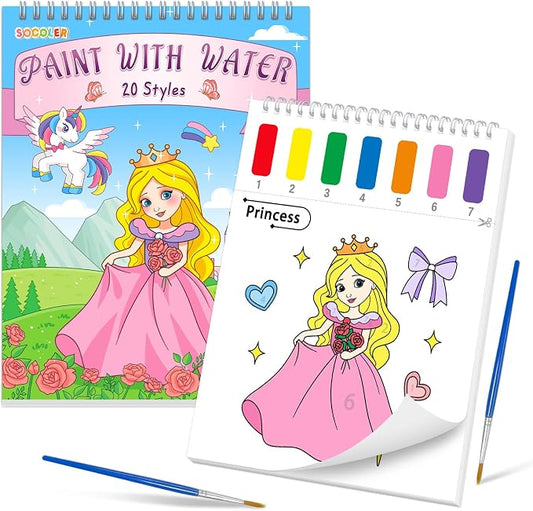 SOCOLER Paint with Water Coloring Books for Toddlers, Princess Theme Mess Free Watercolor Painting Papers for Kids Water Color Paint Kit Art Craft Birthday Gift for Ages 1-3, 4-8