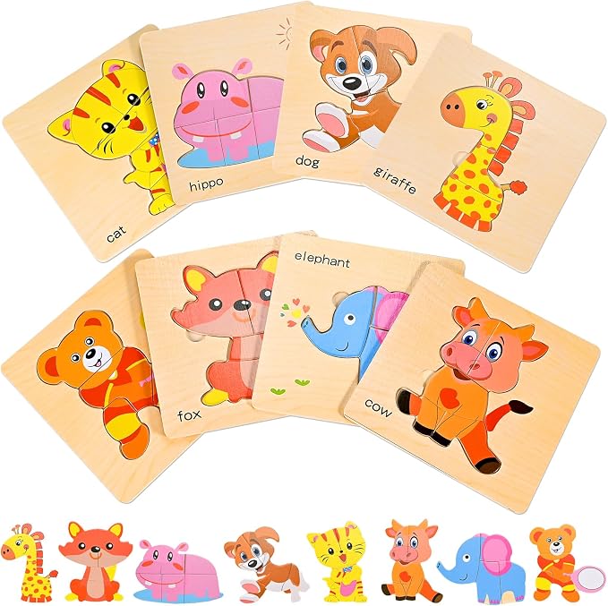 8pcs Wooden Puzzles for Toddlers 2 3 4, Toddler Puzzles Ages 1 2 3 4 | Montessori Educational Jigsaw Toys Puzzles Christmas Birthday Gift for Kids Girl Boy 1-4 Year Old (Zoo Animals)